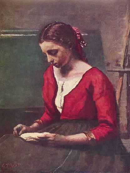 Jean-Baptiste Camille Corot Lesendes Madchen in rotem Trikot oil painting picture